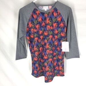 NWT Lularoe Randy Blue Geometric Red & Gold Roses w/Gray Sleeves Size Large